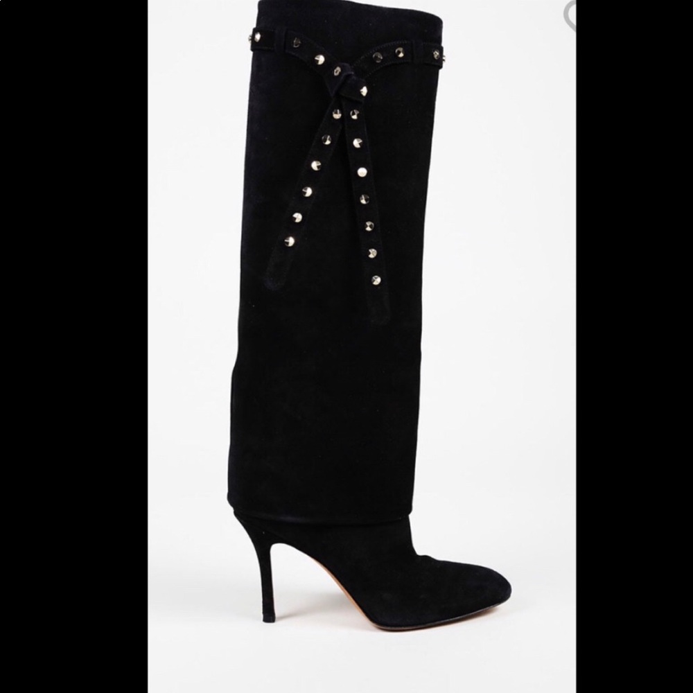 VALENTINO Suede Studded Strap Knee High Boots